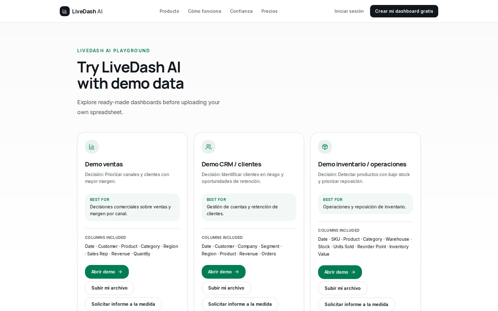 Captura real de la demostración pública de LiveDash AI, tomada en octubre de 2026